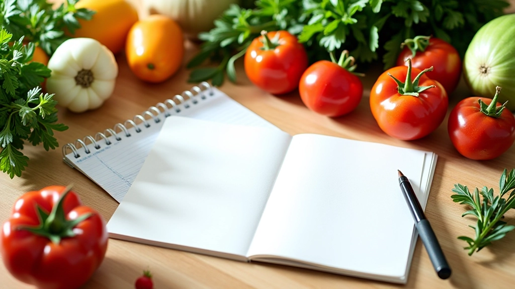 Mesa de cozinha moderna com ingredientes frescos, cardápio semanal, e caneta ao lado de produtos portugueses