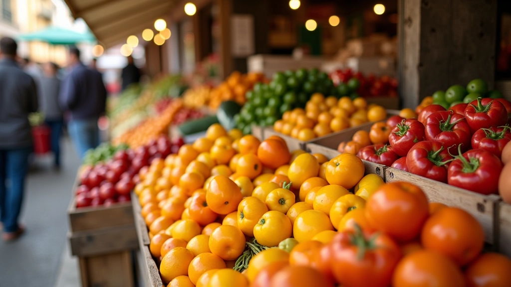 Mercado tradicional português com bancadas de frutas e vegetais coloridos