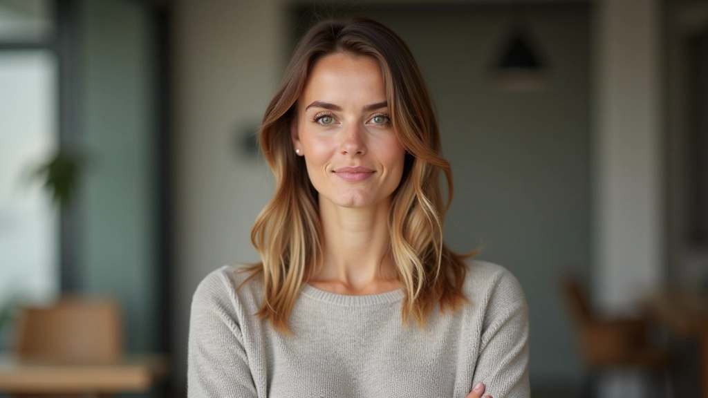 Retrato de mulher profissional, confiante, camisola neutra, iluminação natural em escritório moderno