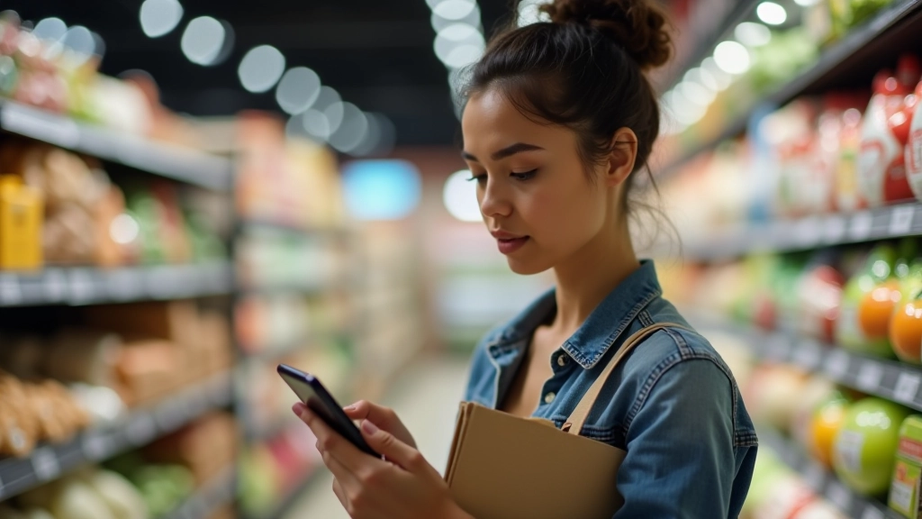 Mulher com telemóvel na mão dentro de supermercado entre prateleiras de produtos