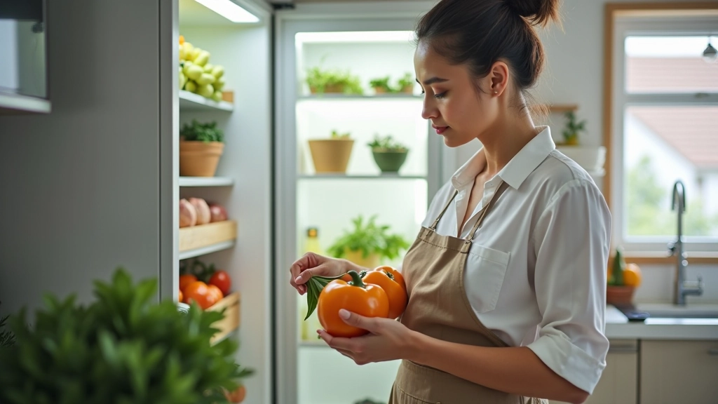 Mulher a organizar produtos no frigorífico, prateleiras com alimentos bem armazenados, cozinha moderna e limpa